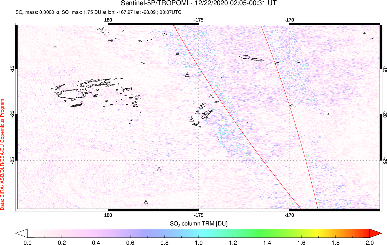 A sulfur dioxide image over Tonga, South Pacific on Dec 22, 2020.