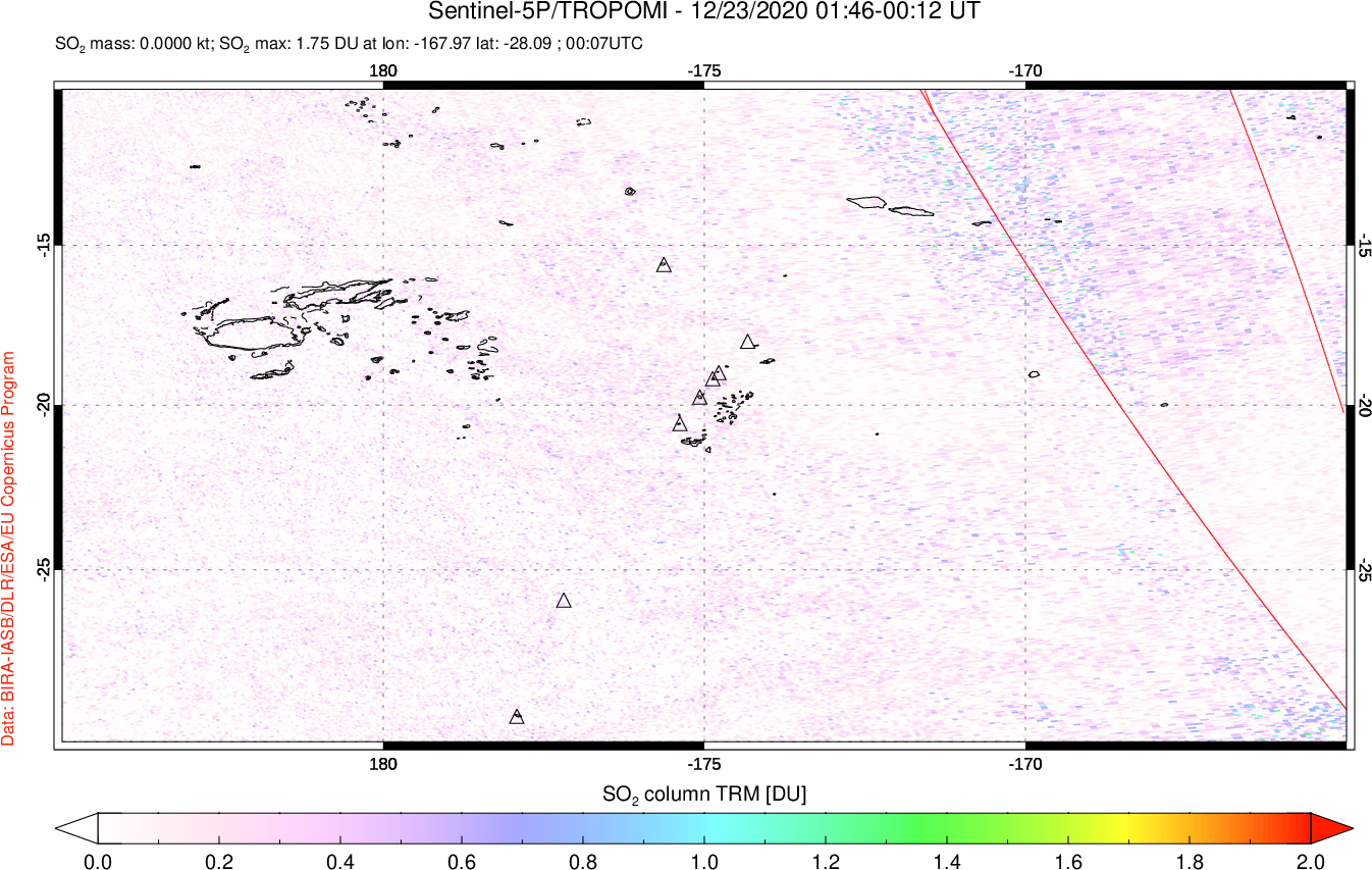 A sulfur dioxide image over Tonga, South Pacific on Dec 23, 2020.