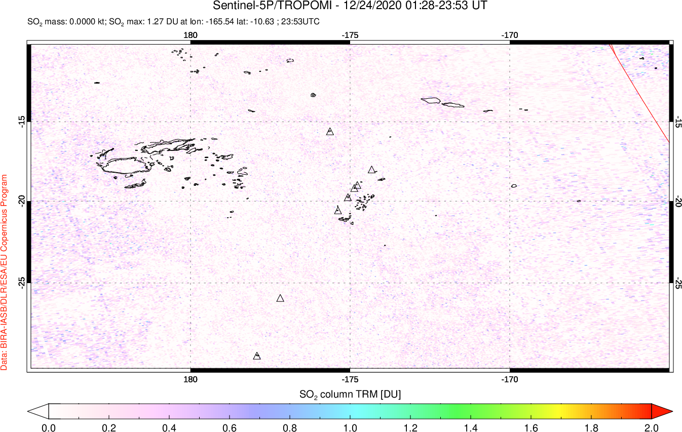 A sulfur dioxide image over Tonga, South Pacific on Dec 24, 2020.