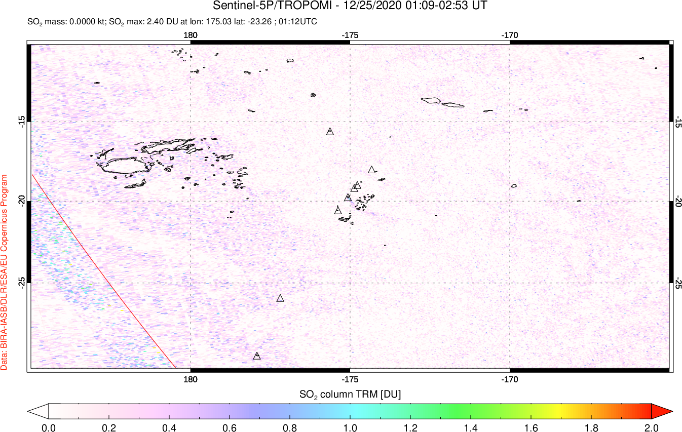 A sulfur dioxide image over Tonga, South Pacific on Dec 25, 2020.