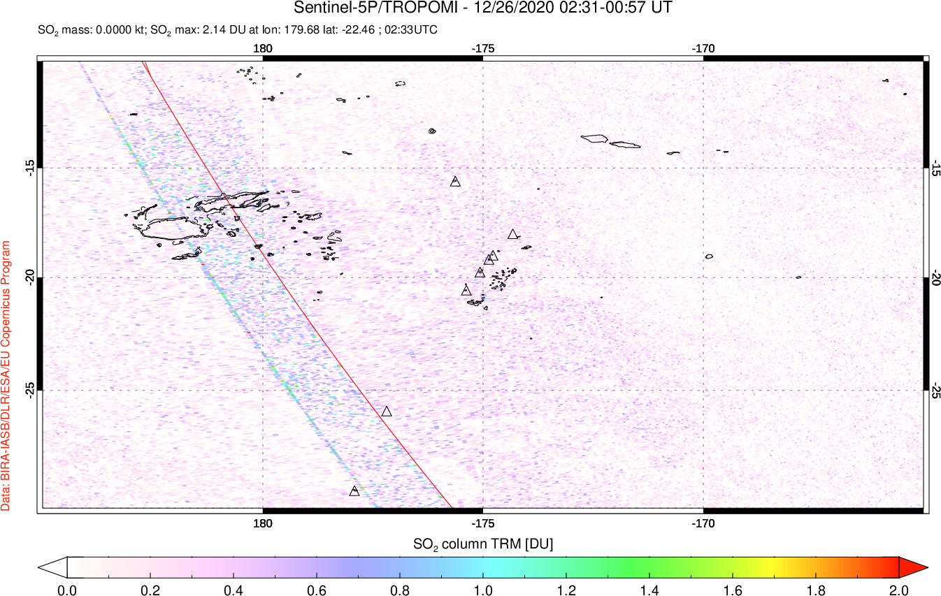 A sulfur dioxide image over Tonga, South Pacific on Dec 26, 2020.