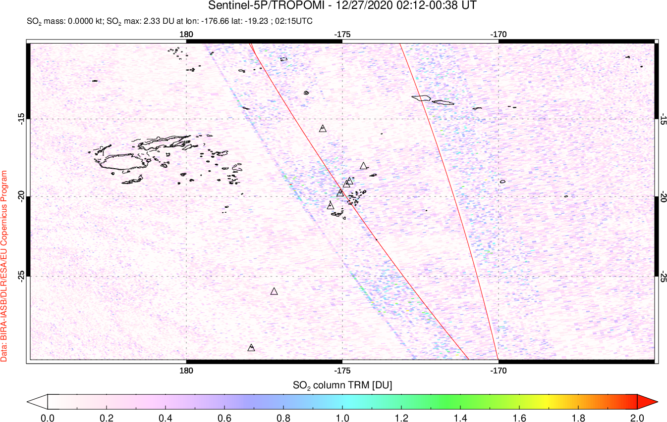A sulfur dioxide image over Tonga, South Pacific on Dec 27, 2020.