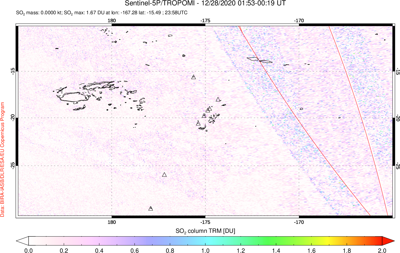 A sulfur dioxide image over Tonga, South Pacific on Dec 28, 2020.