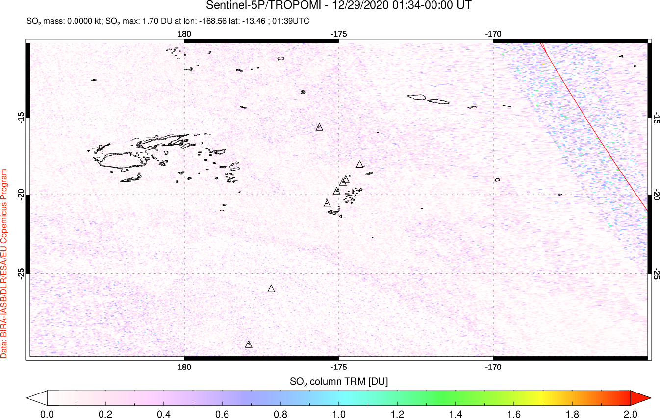 A sulfur dioxide image over Tonga, South Pacific on Dec 29, 2020.