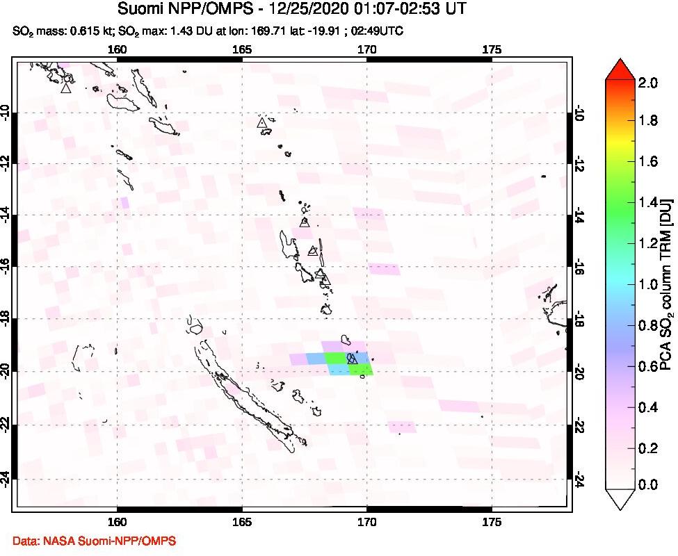 A sulfur dioxide image over Vanuatu, South Pacific on Dec 25, 2020.