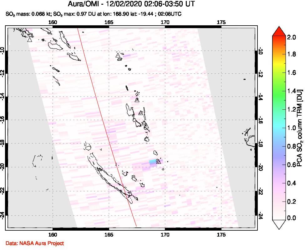 A sulfur dioxide image over Vanuatu, South Pacific on Dec 02, 2020.