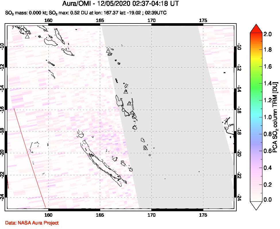 A sulfur dioxide image over Vanuatu, South Pacific on Dec 05, 2020.