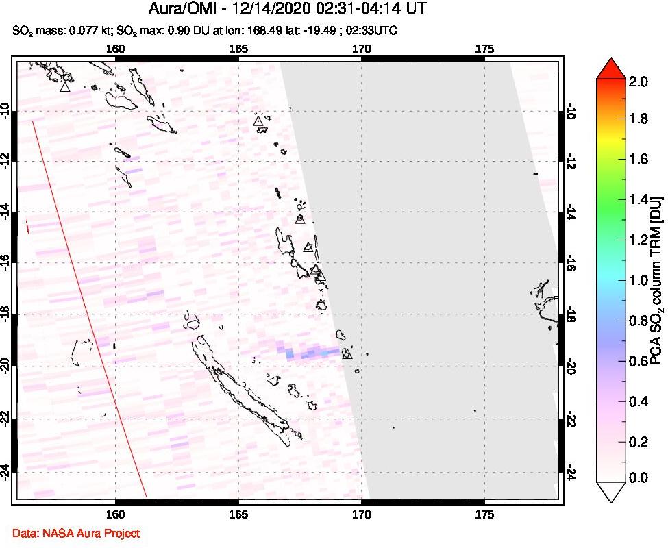 A sulfur dioxide image over Vanuatu, South Pacific on Dec 14, 2020.