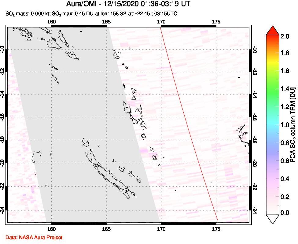 A sulfur dioxide image over Vanuatu, South Pacific on Dec 15, 2020.