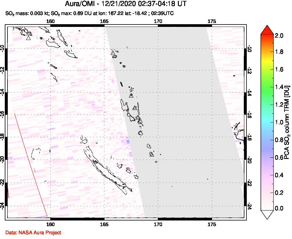 A sulfur dioxide image over Vanuatu, South Pacific on Dec 21, 2020.