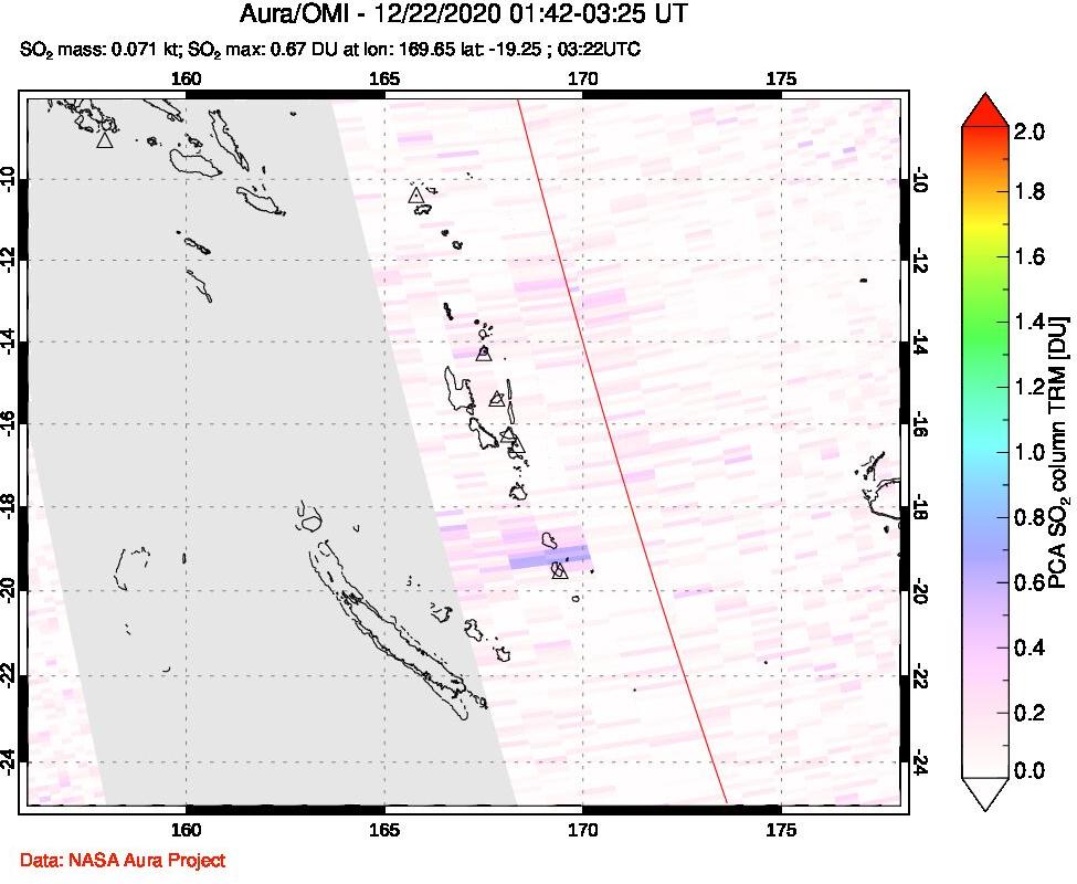 A sulfur dioxide image over Vanuatu, South Pacific on Dec 22, 2020.