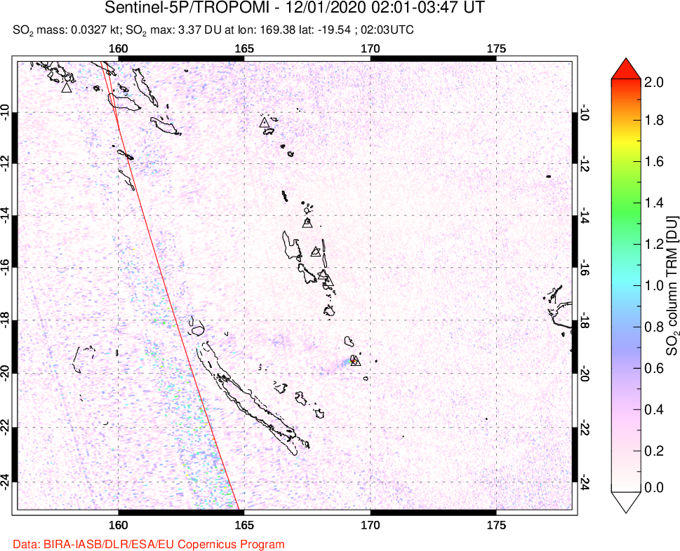 A sulfur dioxide image over Vanuatu, South Pacific on Dec 01, 2020.
