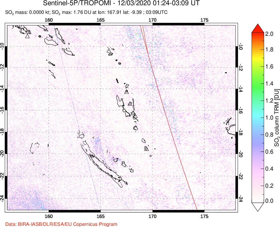 A sulfur dioxide image over Vanuatu, South Pacific on Dec 03, 2020.