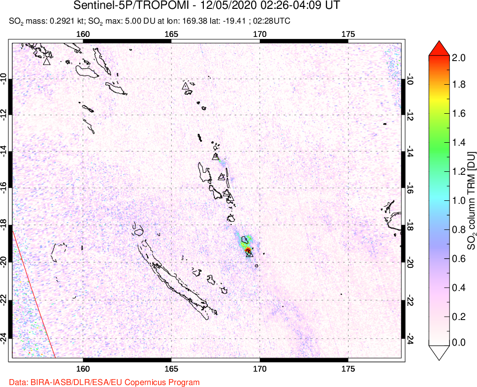 A sulfur dioxide image over Vanuatu, South Pacific on Dec 05, 2020.