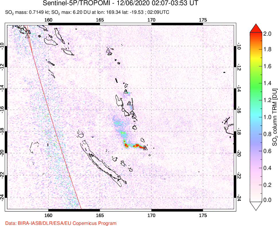 A sulfur dioxide image over Vanuatu, South Pacific on Dec 06, 2020.
