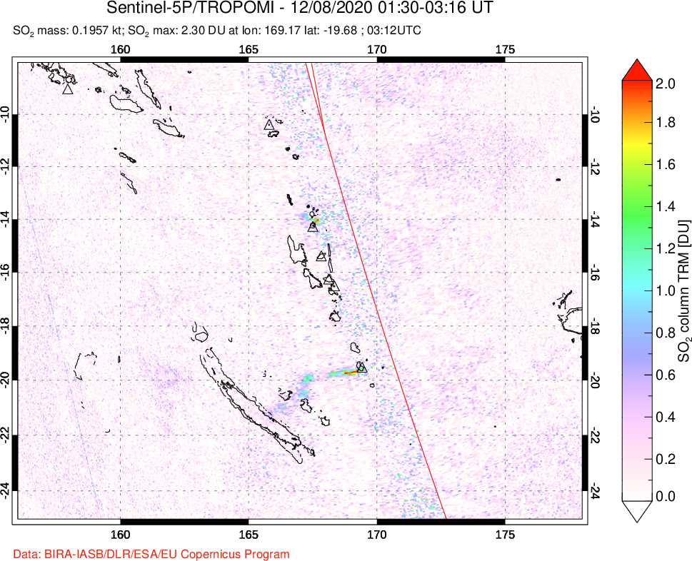 A sulfur dioxide image over Vanuatu, South Pacific on Dec 08, 2020.