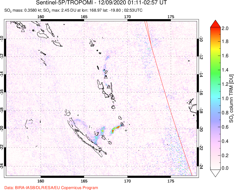 A sulfur dioxide image over Vanuatu, South Pacific on Dec 09, 2020.