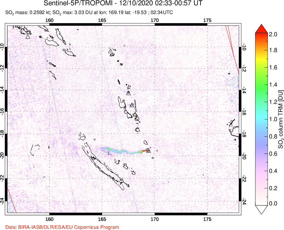 A sulfur dioxide image over Vanuatu, South Pacific on Dec 10, 2020.