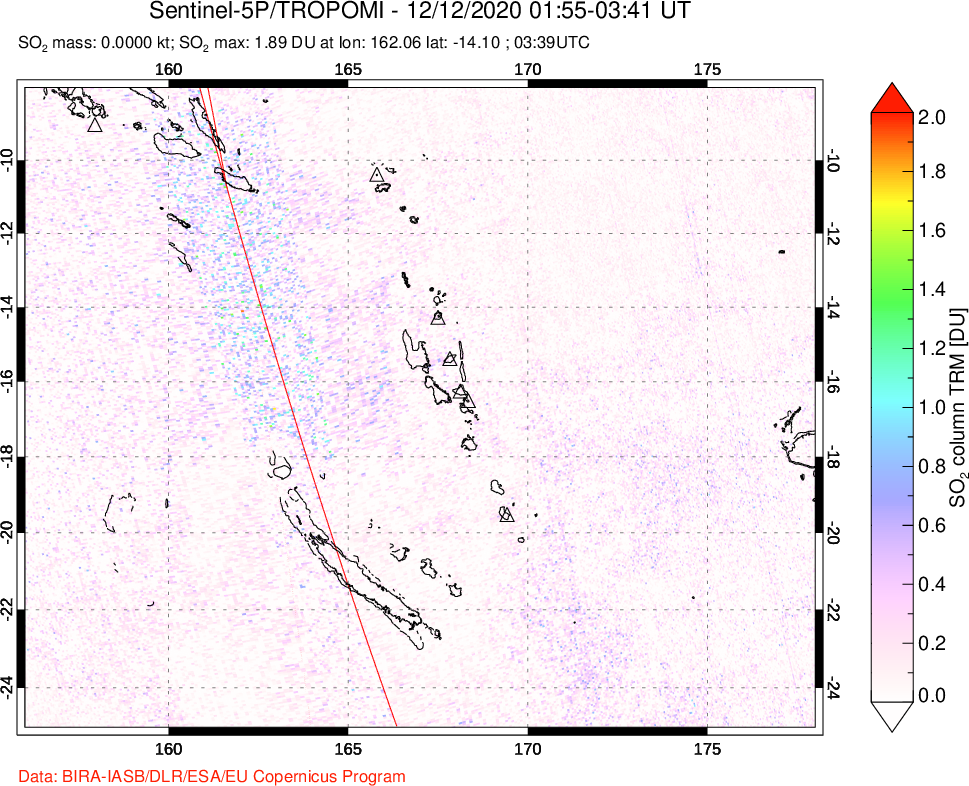 A sulfur dioxide image over Vanuatu, South Pacific on Dec 12, 2020.