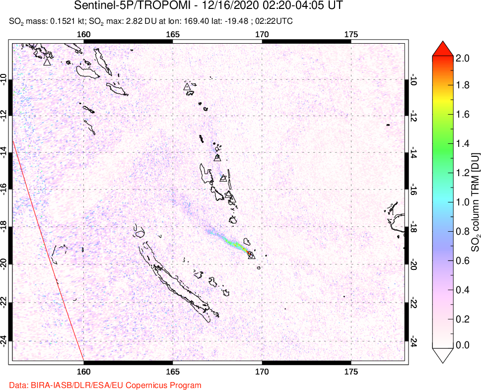 A sulfur dioxide image over Vanuatu, South Pacific on Dec 16, 2020.