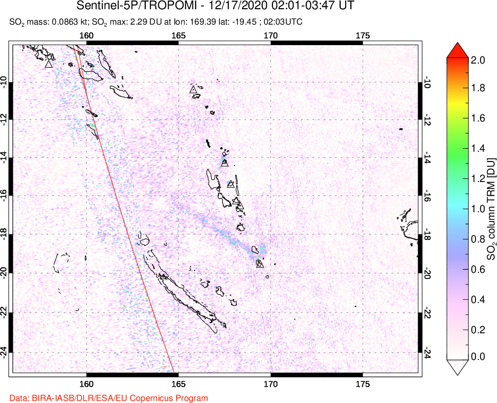 A sulfur dioxide image over Vanuatu, South Pacific on Dec 17, 2020.