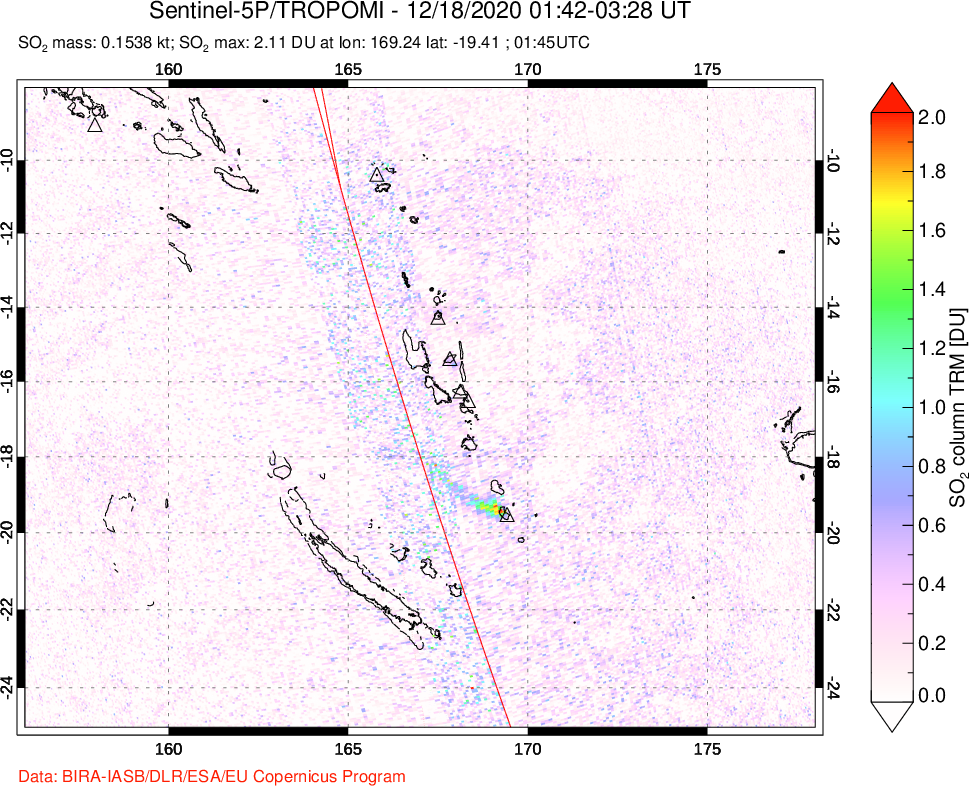 A sulfur dioxide image over Vanuatu, South Pacific on Dec 18, 2020.