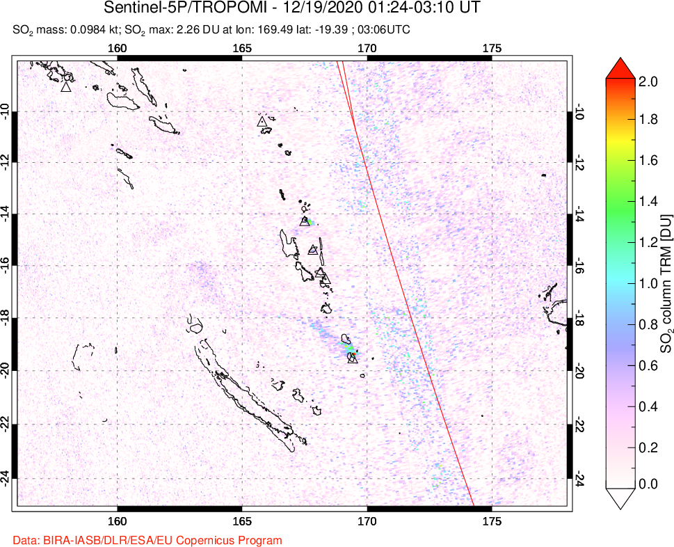 A sulfur dioxide image over Vanuatu, South Pacific on Dec 19, 2020.