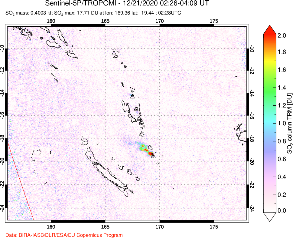 A sulfur dioxide image over Vanuatu, South Pacific on Dec 21, 2020.