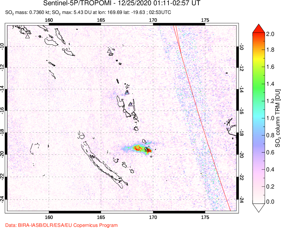 A sulfur dioxide image over Vanuatu, South Pacific on Dec 25, 2020.