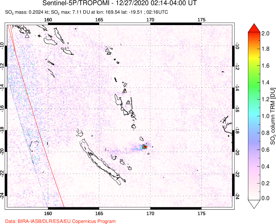 A sulfur dioxide image over Vanuatu, South Pacific on Dec 27, 2020.
