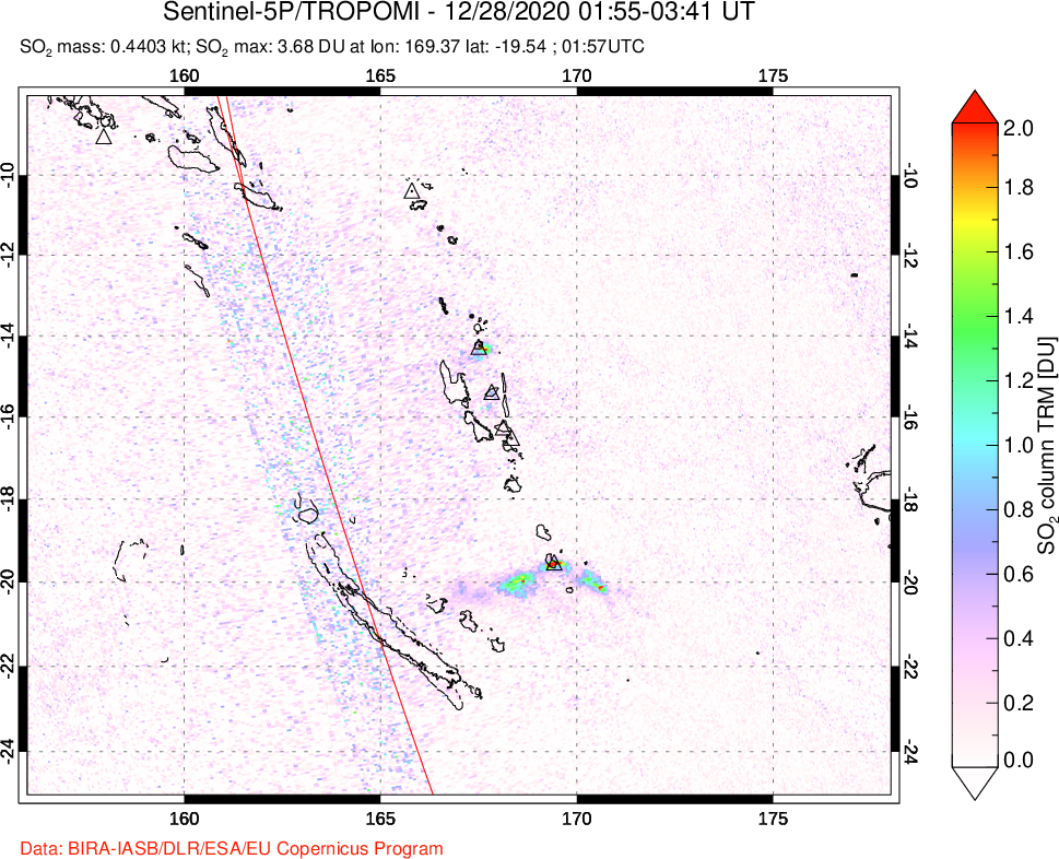 A sulfur dioxide image over Vanuatu, South Pacific on Dec 28, 2020.