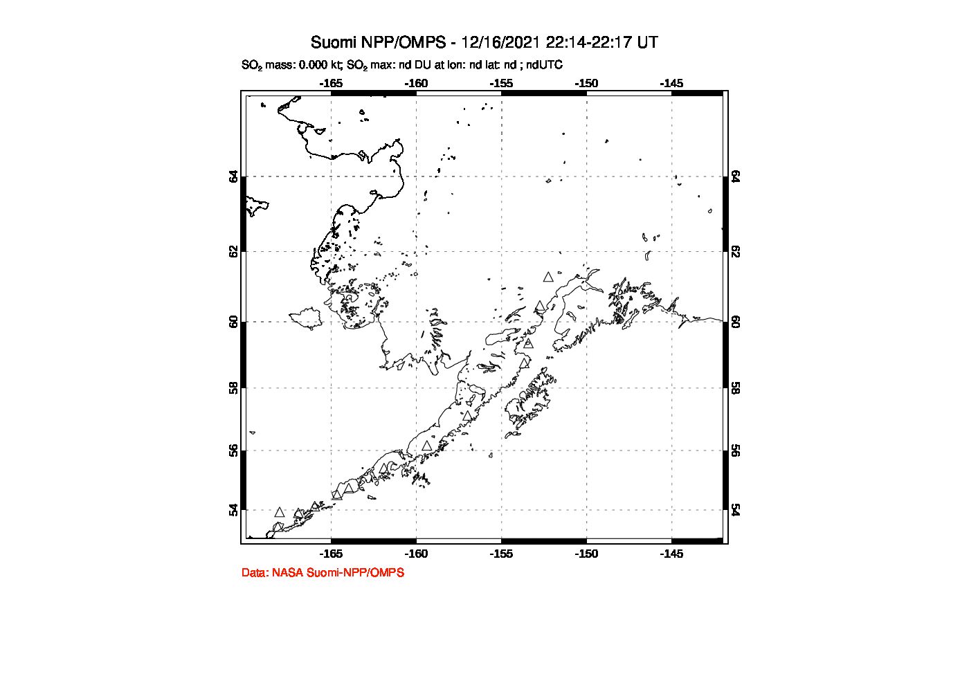 A sulfur dioxide image over Alaska, USA on Dec 16, 2021.