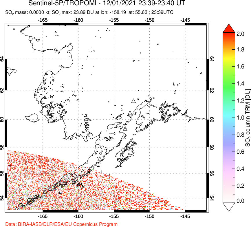 A sulfur dioxide image over Alaska, USA on Dec 01, 2021.