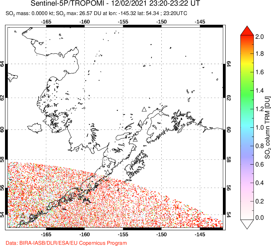 A sulfur dioxide image over Alaska, USA on Dec 02, 2021.