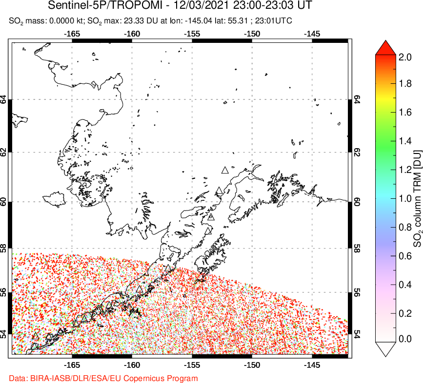A sulfur dioxide image over Alaska, USA on Dec 03, 2021.