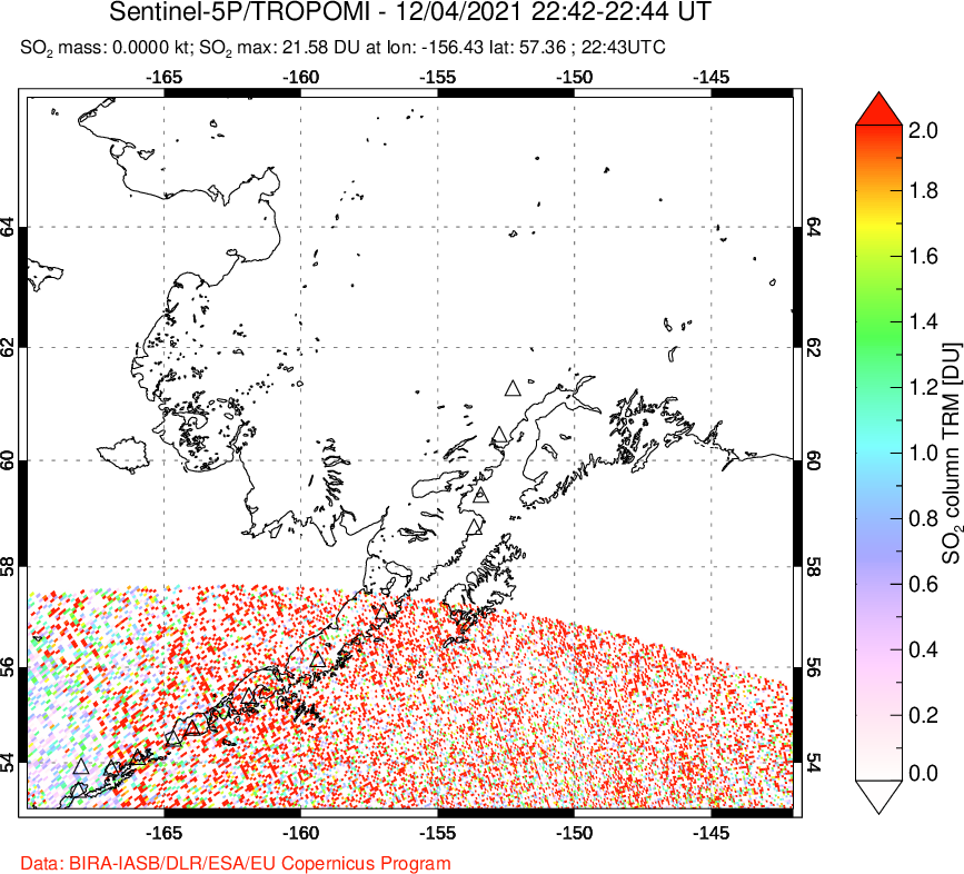 A sulfur dioxide image over Alaska, USA on Dec 04, 2021.