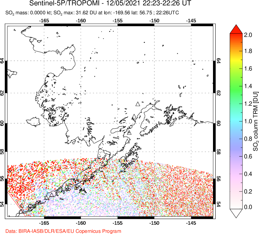 A sulfur dioxide image over Alaska, USA on Dec 05, 2021.