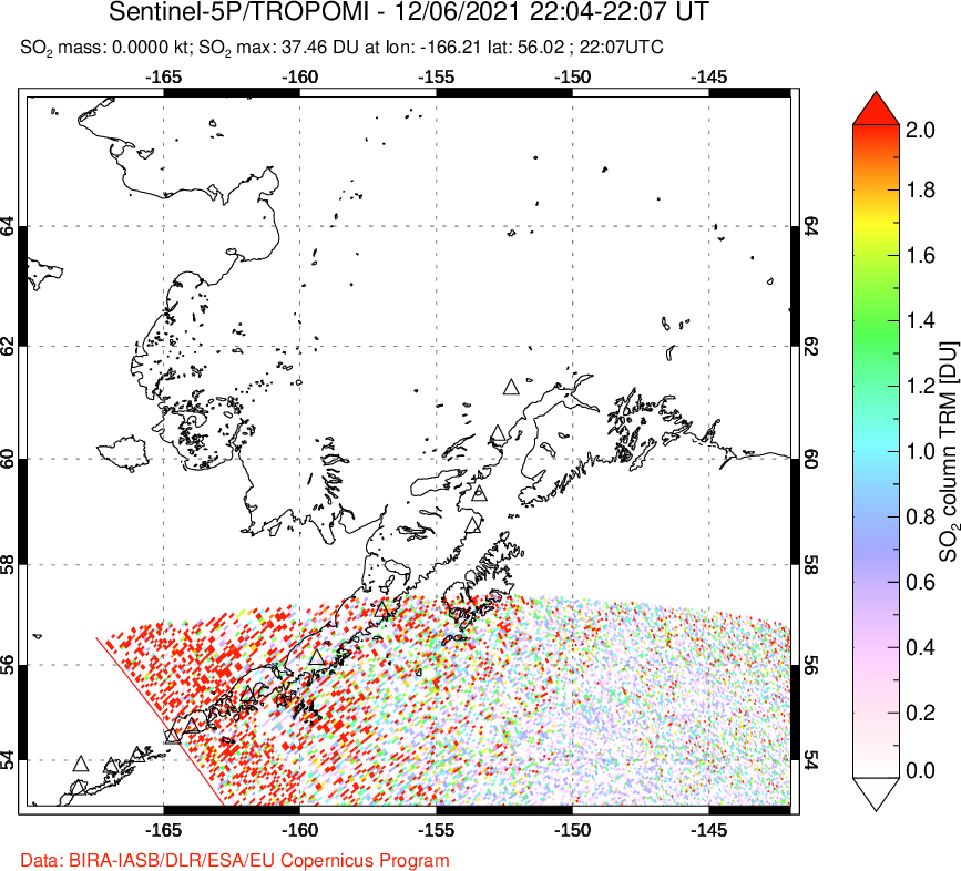A sulfur dioxide image over Alaska, USA on Dec 06, 2021.