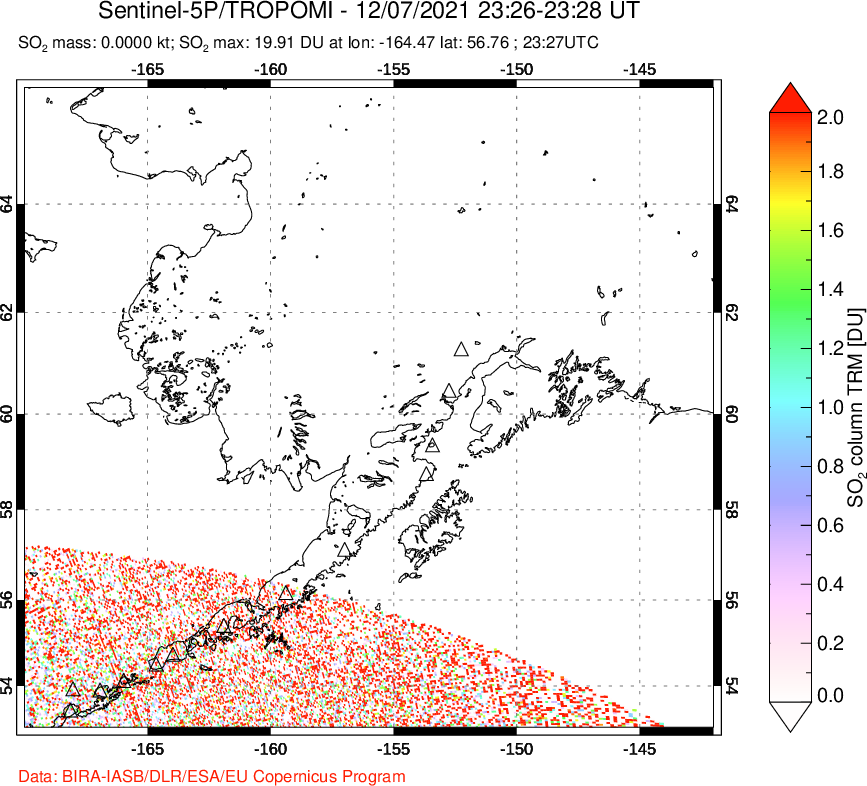 A sulfur dioxide image over Alaska, USA on Dec 07, 2021.