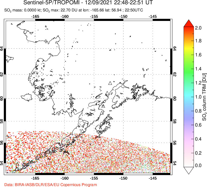 A sulfur dioxide image over Alaska, USA on Dec 09, 2021.