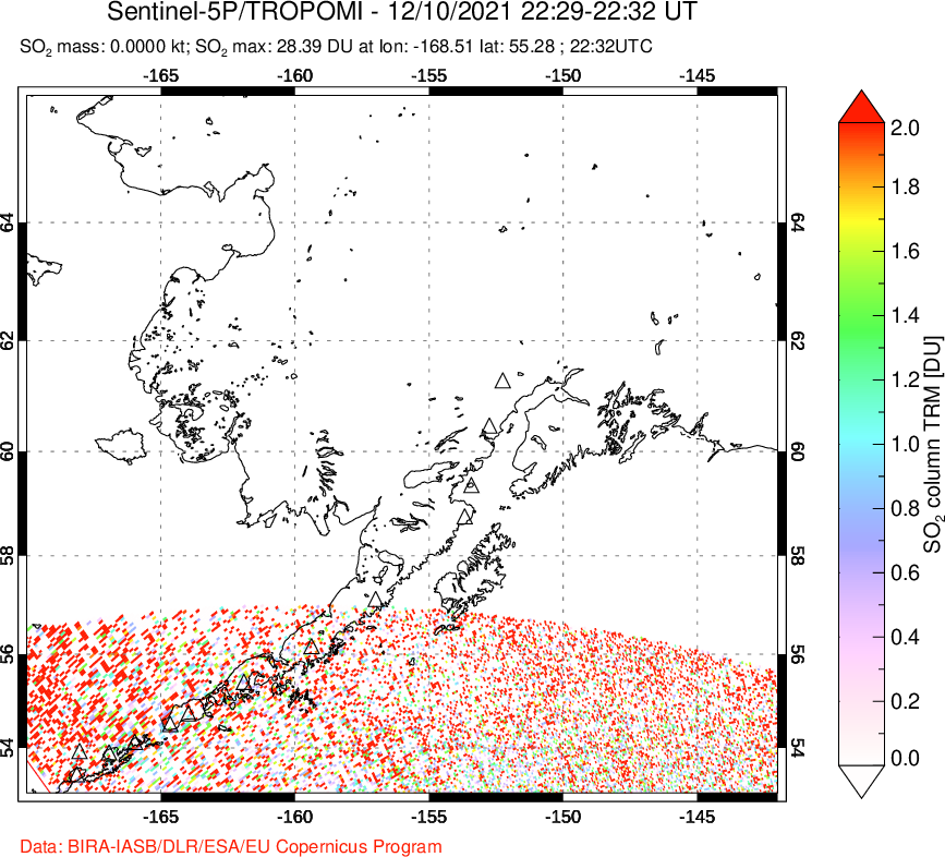 A sulfur dioxide image over Alaska, USA on Dec 10, 2021.