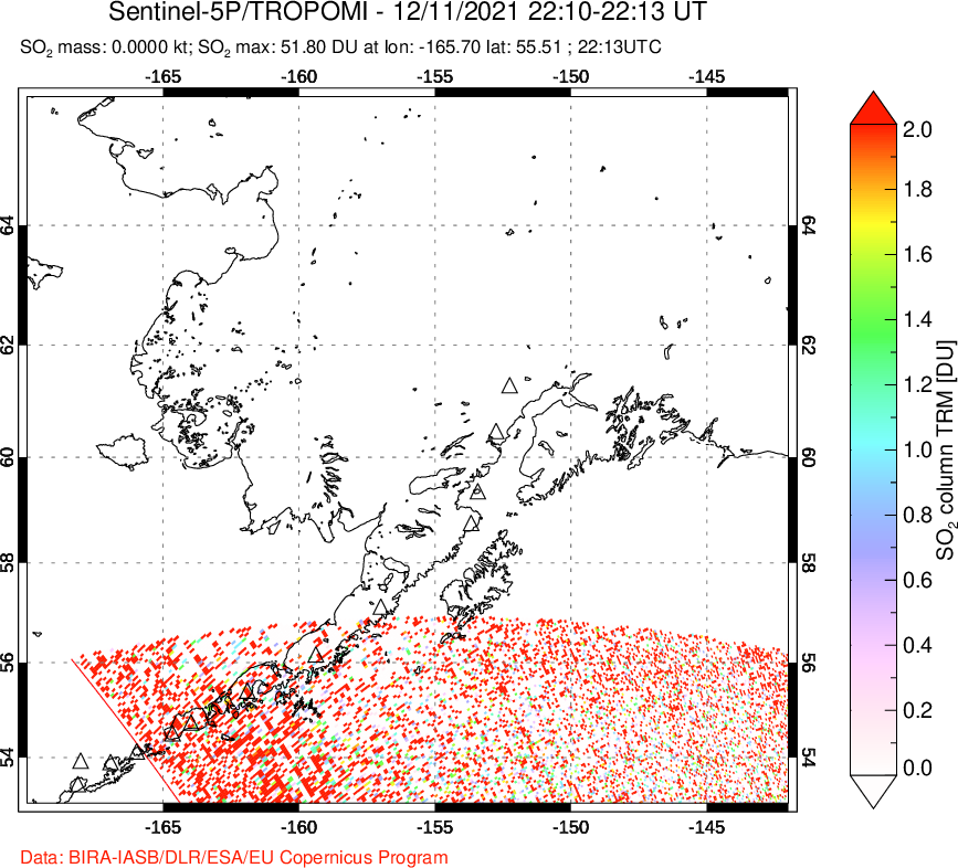 A sulfur dioxide image over Alaska, USA on Dec 11, 2021.