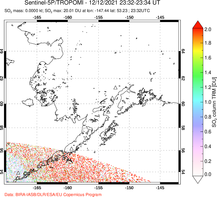 A sulfur dioxide image over Alaska, USA on Dec 12, 2021.