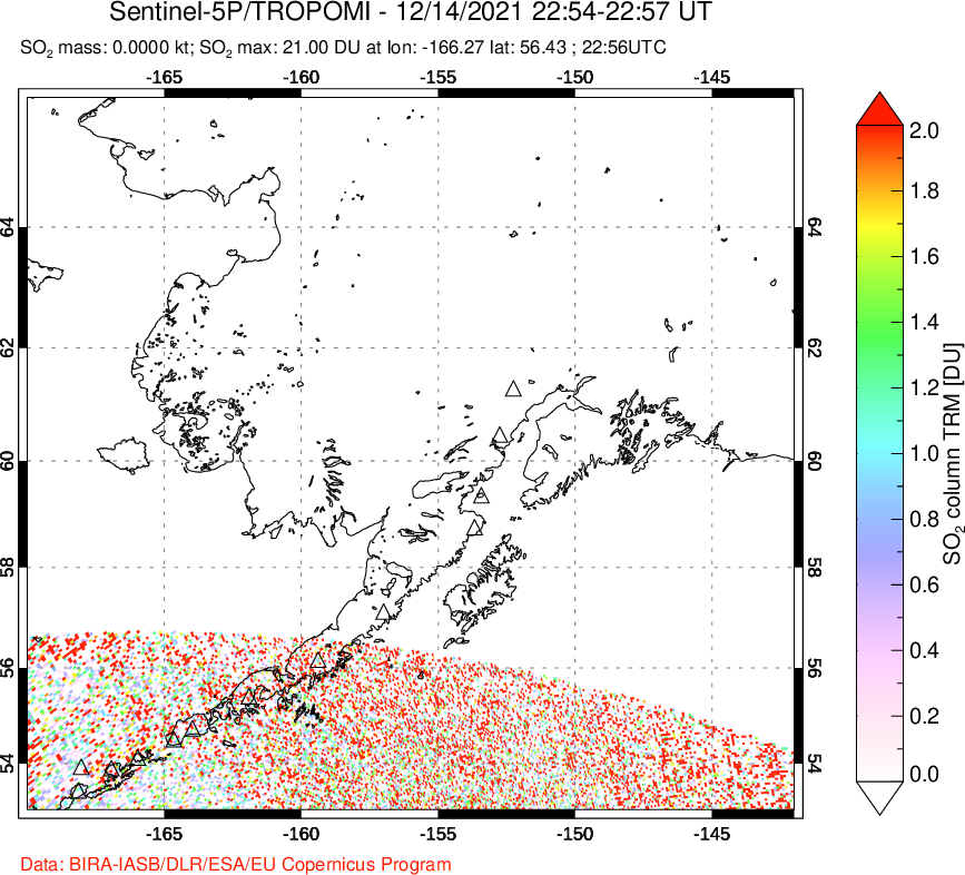 A sulfur dioxide image over Alaska, USA on Dec 14, 2021.