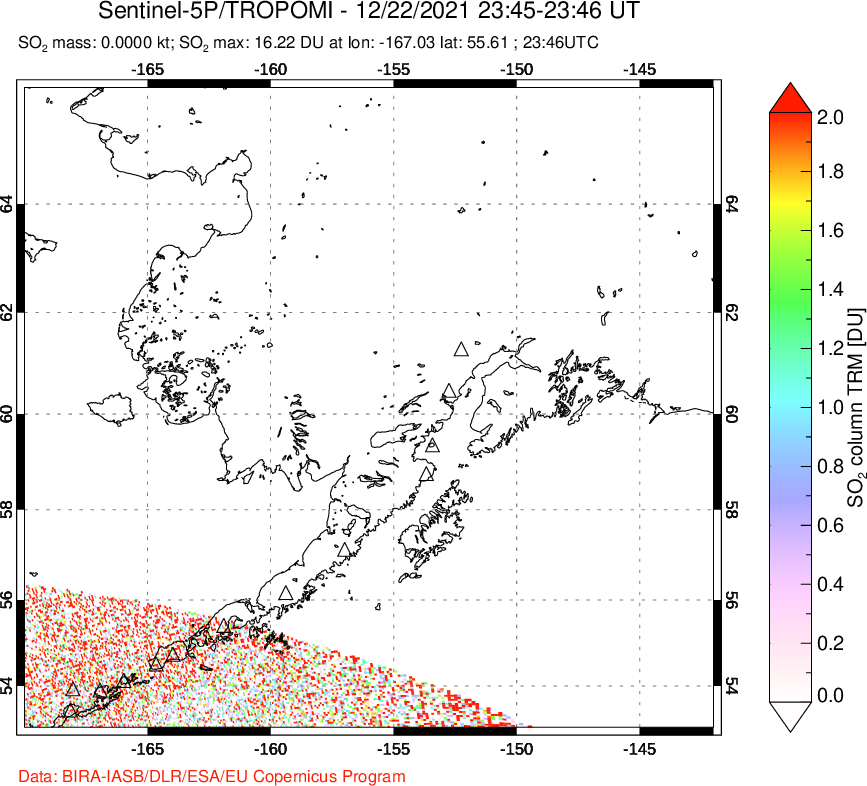 A sulfur dioxide image over Alaska, USA on Dec 22, 2021.