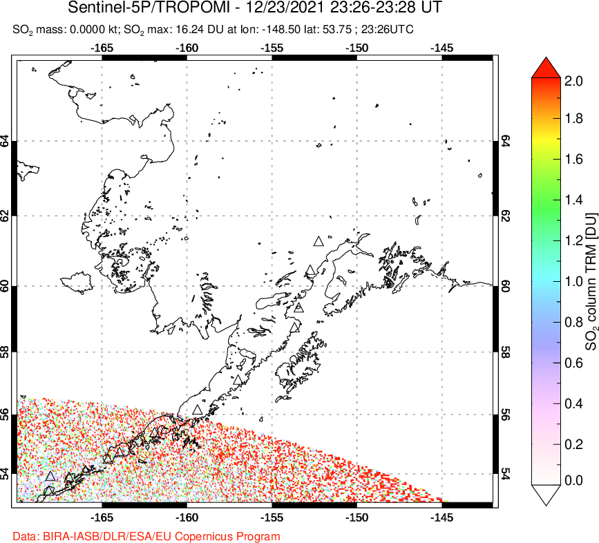 A sulfur dioxide image over Alaska, USA on Dec 23, 2021.