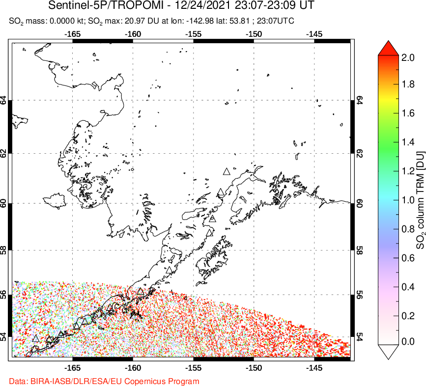A sulfur dioxide image over Alaska, USA on Dec 24, 2021.