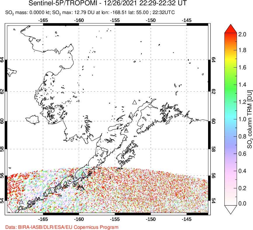 A sulfur dioxide image over Alaska, USA on Dec 26, 2021.
