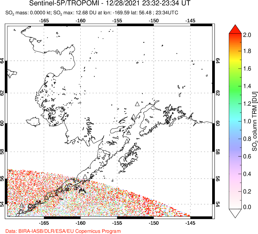 A sulfur dioxide image over Alaska, USA on Dec 28, 2021.