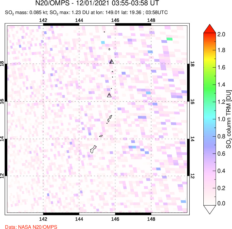 A sulfur dioxide image over Anatahan, Mariana Islands on Dec 01, 2021.